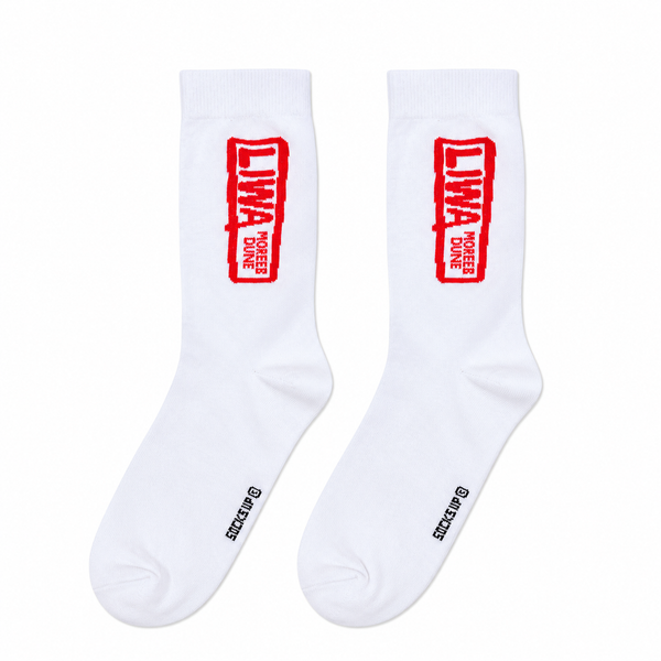 Liwa half crew socks by Socks Up, white with a red LIWA Moreeb Dune stamp, pair on white