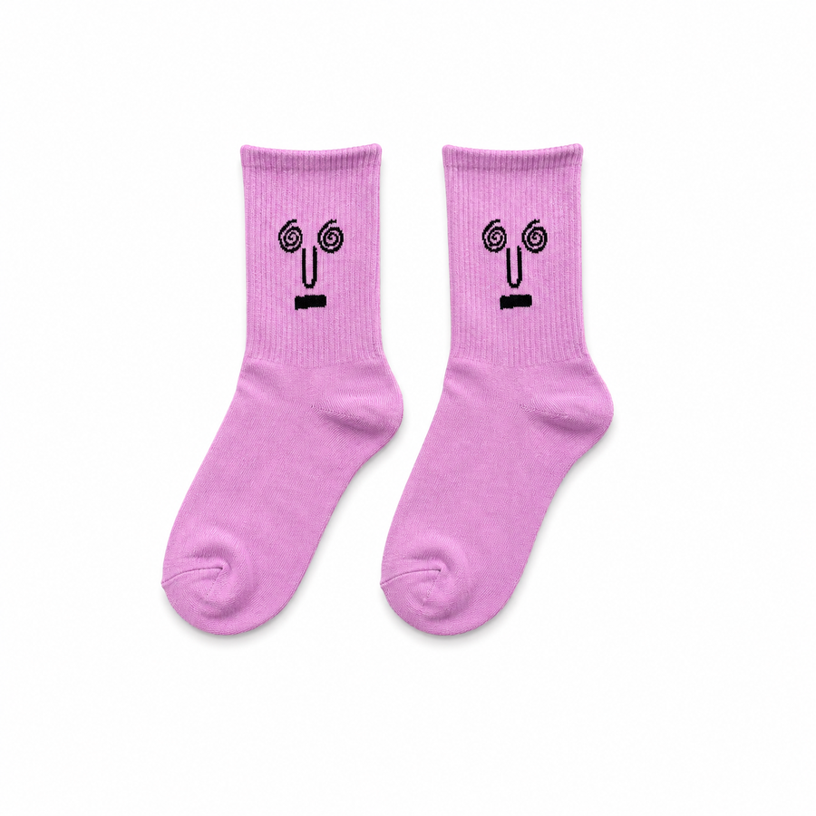 Purple Face patterned socks displayed on neutral background