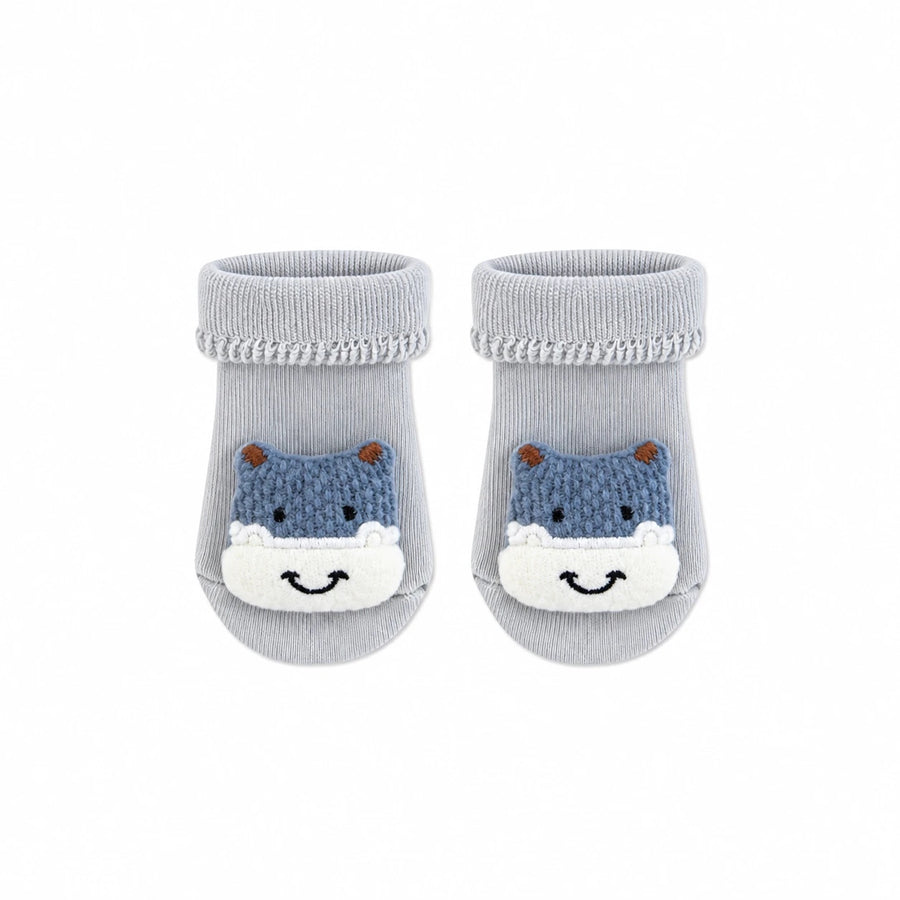Baby Hippo Socks in soft grey with a 3D knitted hippo face, Socks Up UAE