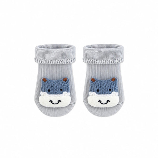 Baby Hippo Socks in soft grey with a 3D knitted hippo face, Socks Up UAE