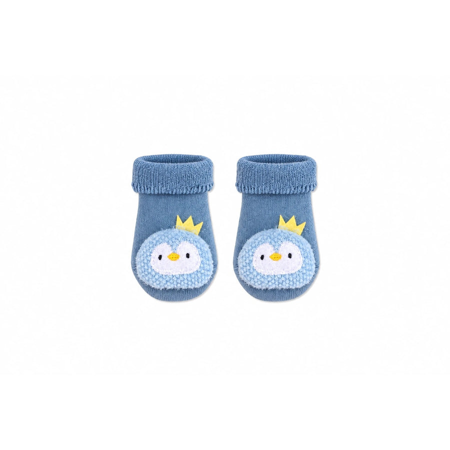 Baby Penguin Socks in denim blue with a 3D knitted penguin face with a crown, Socks Up UAE