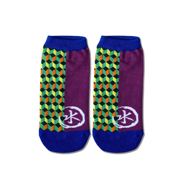 Demon Slayer Giyu Haori ankle socks by Socks Up, Giyu's split haori pattern with a water kanji and royal blue toes