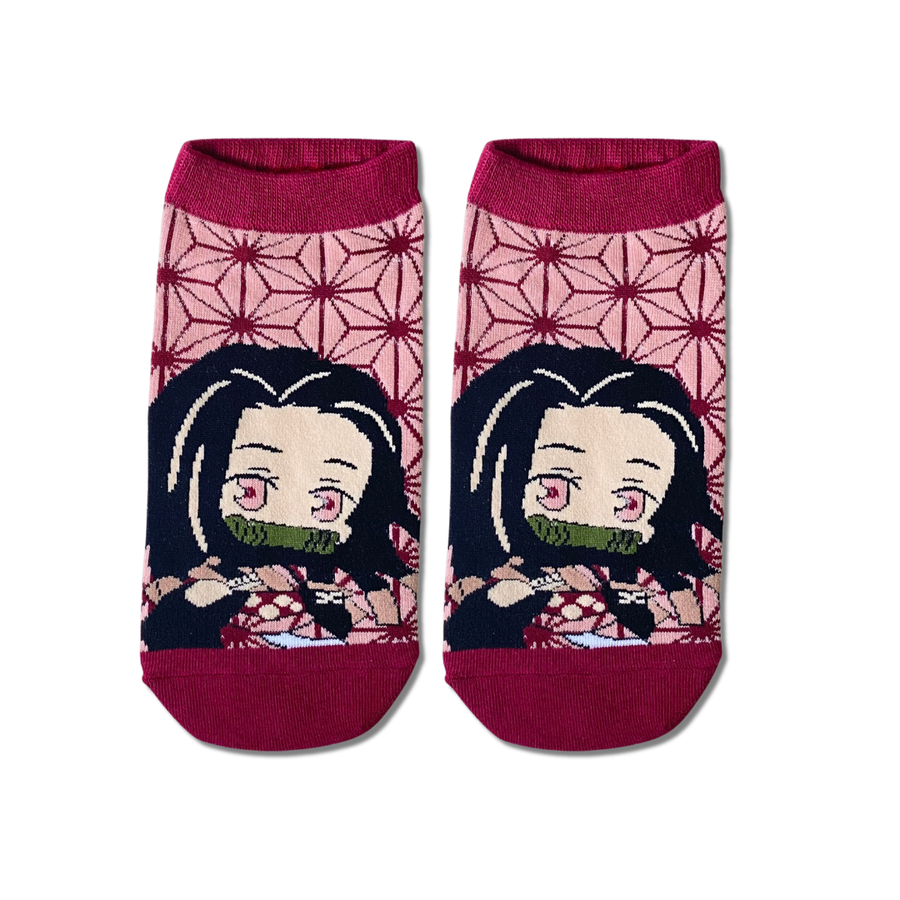 Demon Slayer Nezuko Chibi ankle socks by Socks Up, chibi Nezuko on a pink hemp leaf pattern, pair on white