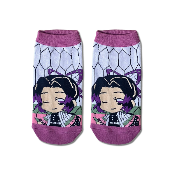 Demon Slayer Shinobu Chibi ankle socks by Socks Up, chibi Shinobu on a butterfly wing pattern with lilac toes, pair on white
