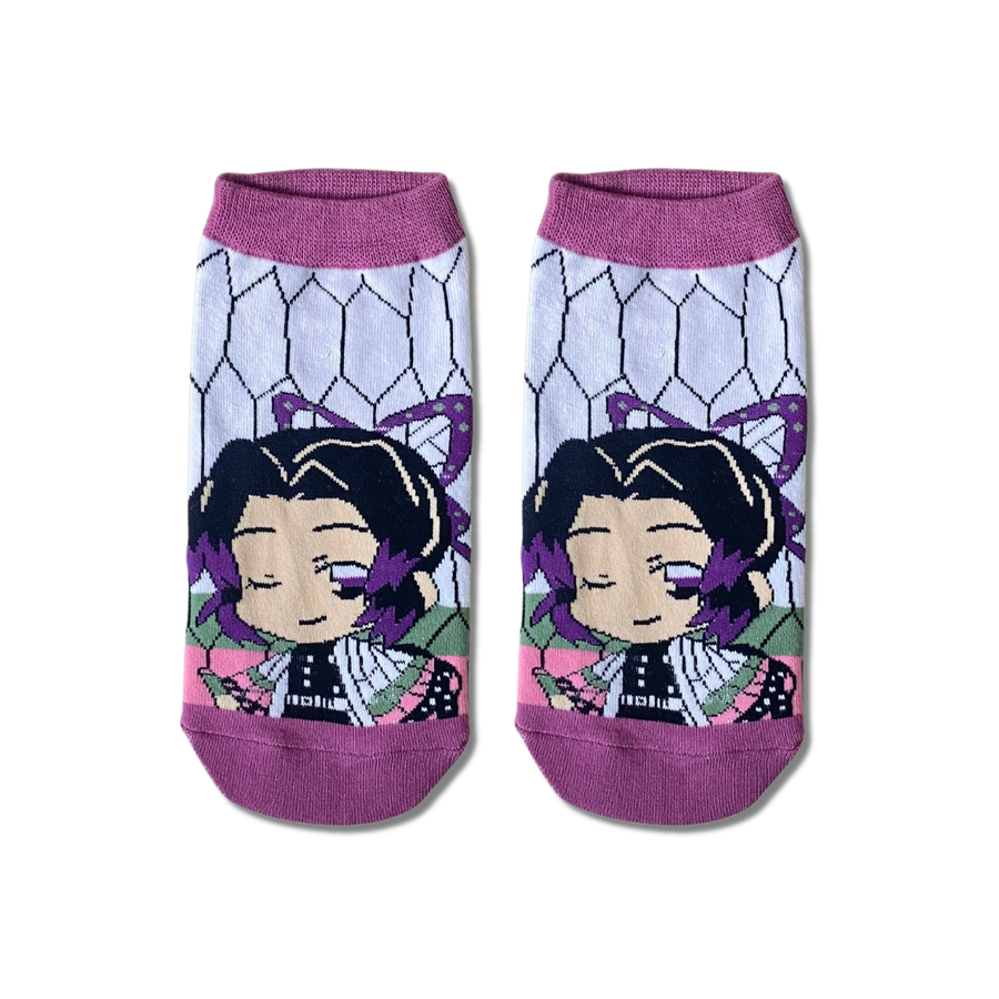 Demon Slayer Shinobu Chibi ankle socks by Socks Up, chibi Shinobu on a butterfly wing pattern with lilac toes, pair on white