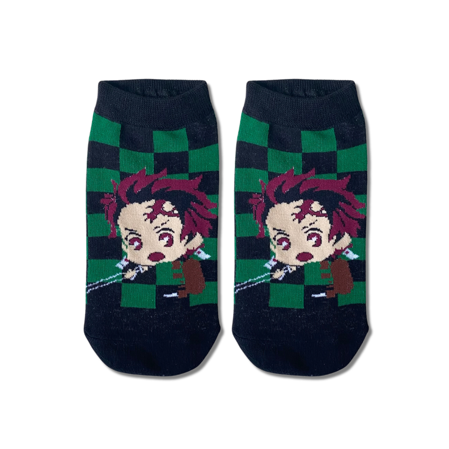 Demon Slayer Tanjiro Chibi ankle socks by Socks Up, chibi Tanjiro on a green and black checks pattern, pair on white