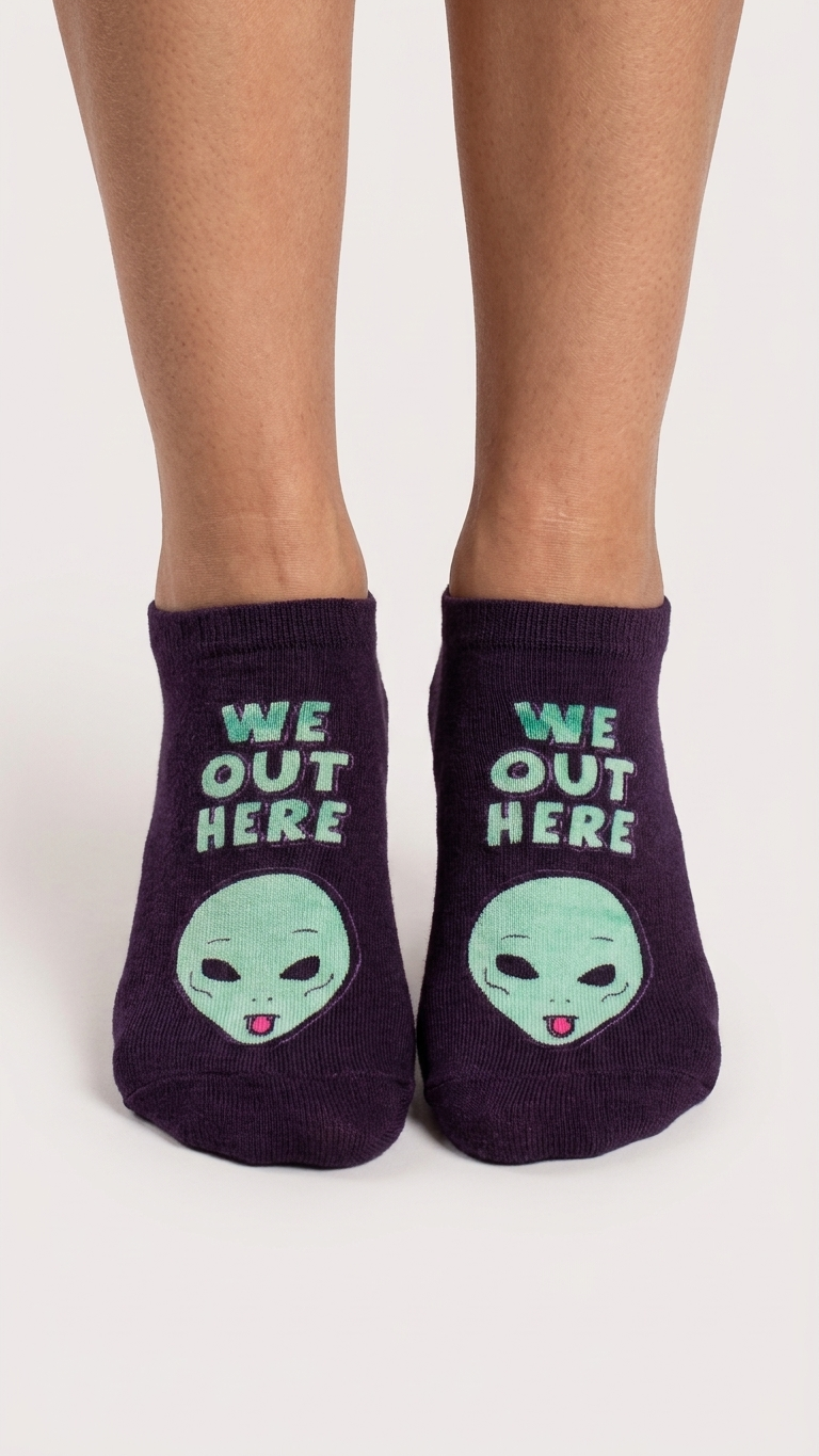 Dark purple ankle socks with mint green alien faces.
