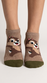 Pair of beige and green socks with smiling brown squirrel design, pink.