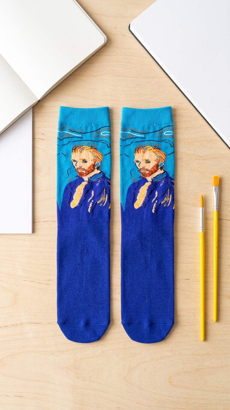 Pair of blue socks featuring Van Gogh self-portrait design with turquoise top.