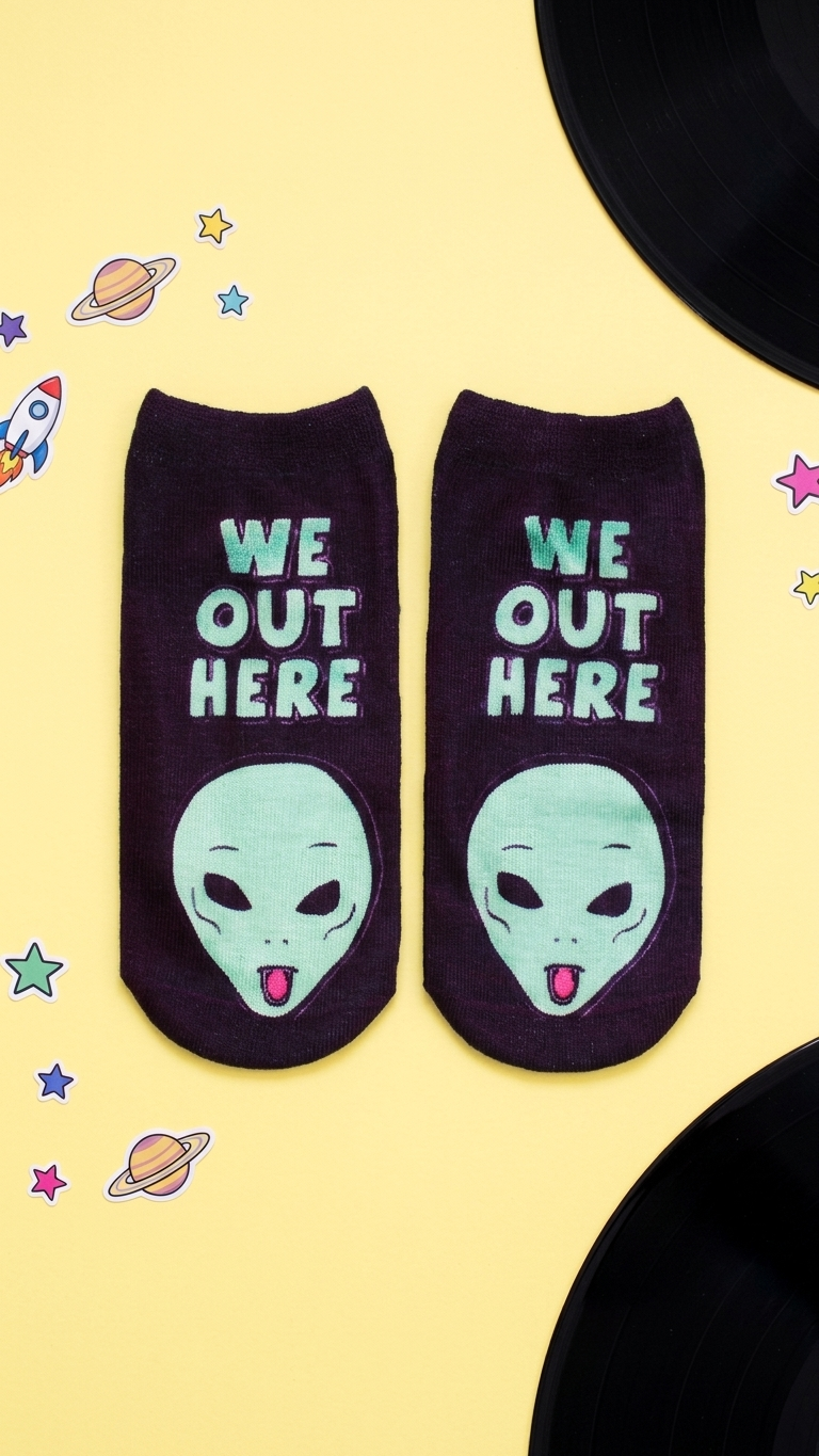 Pair of black socks with mint green alien faces.