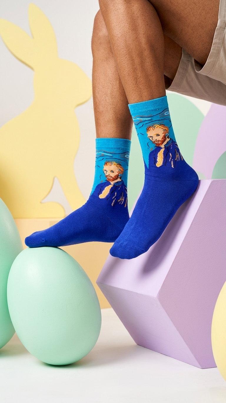 Blue socks featuring Van Gogh self-portrait design, displayed on model's feet.