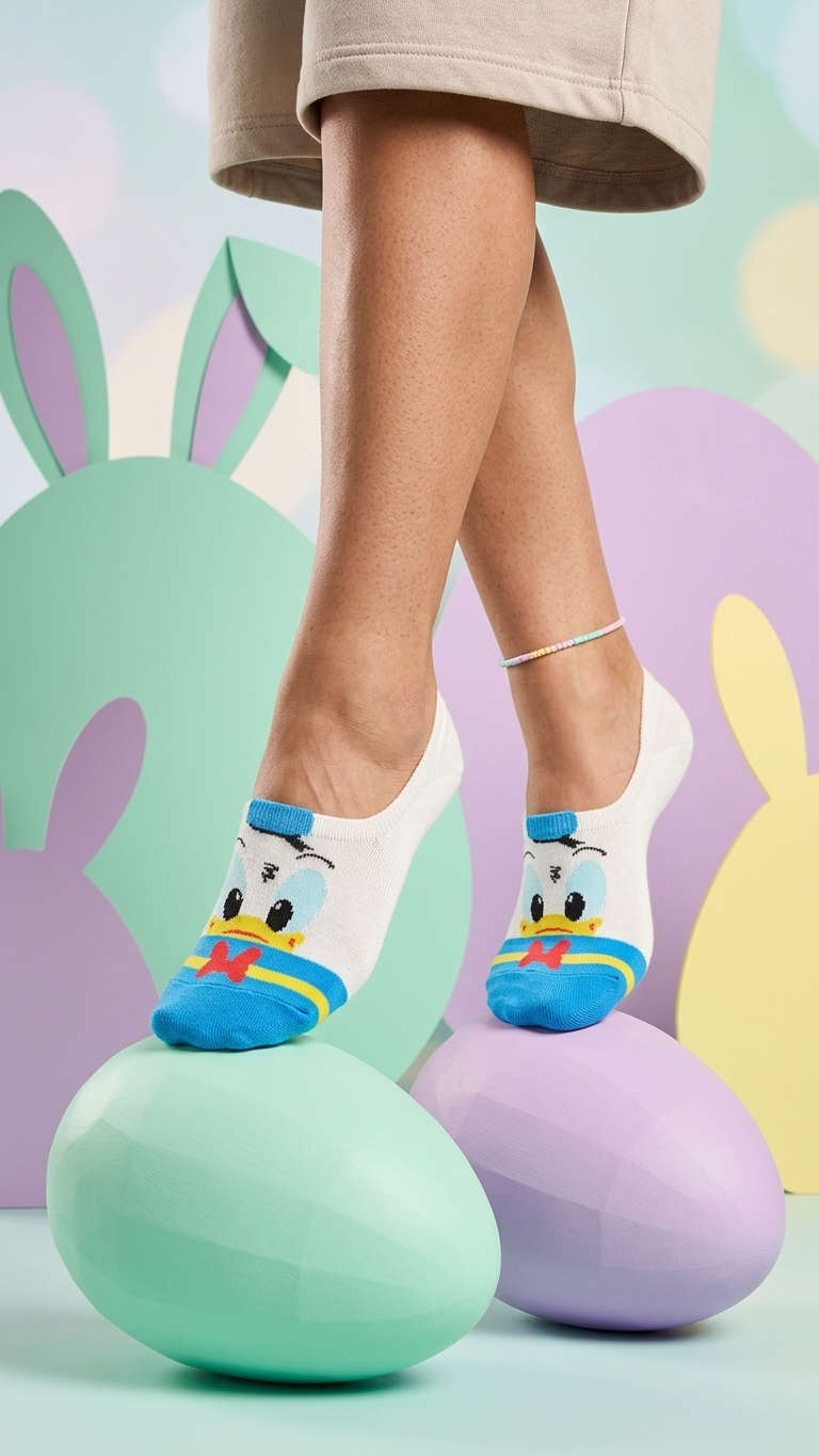 Donald Duck low-cut socks in white and blue with character face design.