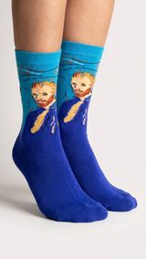 Blue socks featuring Van Gogh self-portrait design with turquoise cuff, displaying.