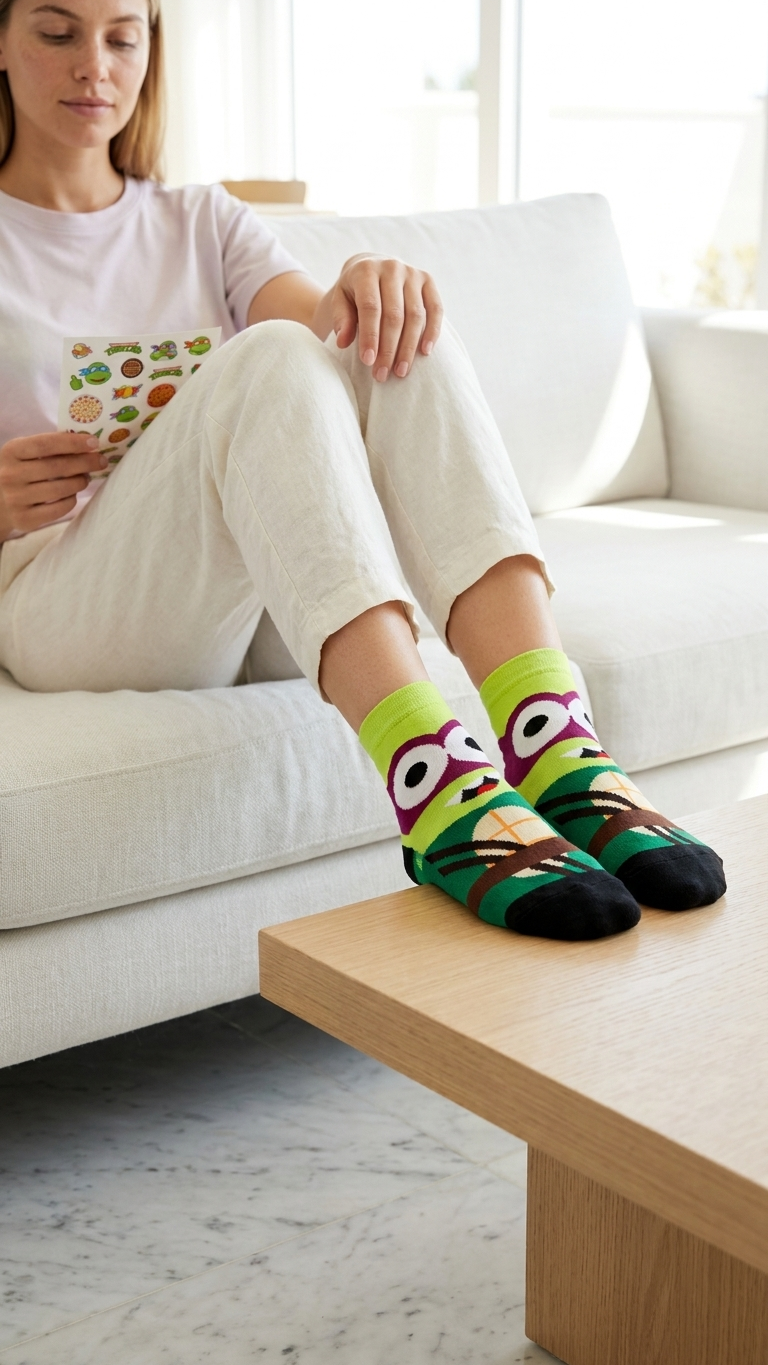 Woman sitting on white couch wearing colorful Ninja Turtles socks.