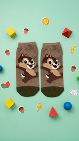 Pair of brown squirrel socks with green cuffs on mint background, surrounded.