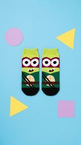 Pair of ninja turtle character socks with lime green, burgundy, green.