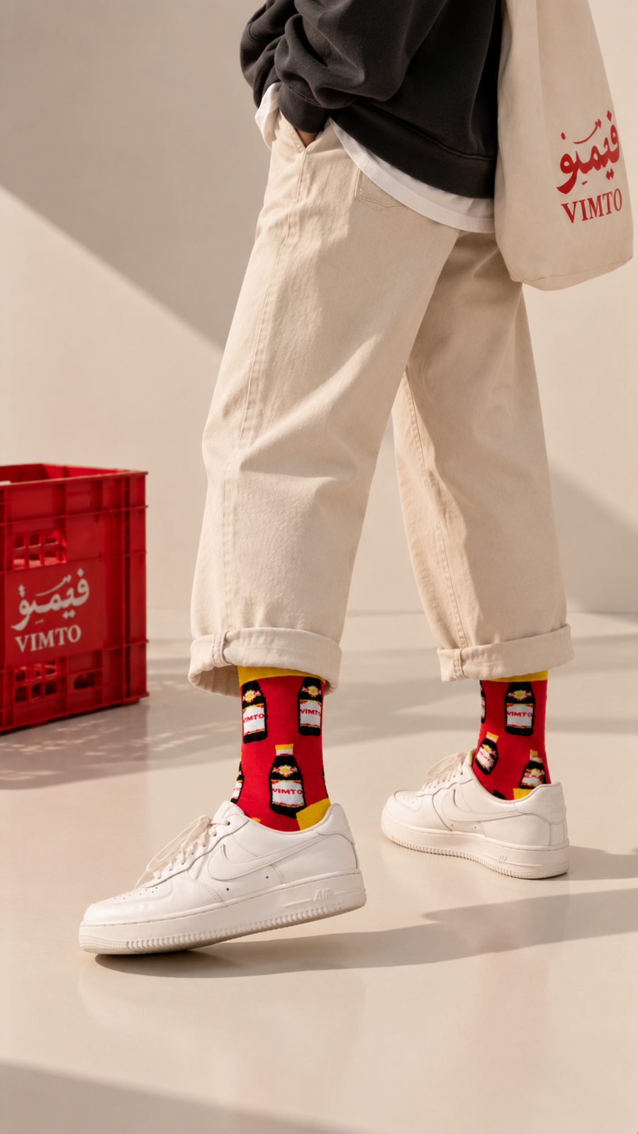 Vimto half crew socks by Socks Up, worn with cream trousers next to a Vimto crate and tote bag