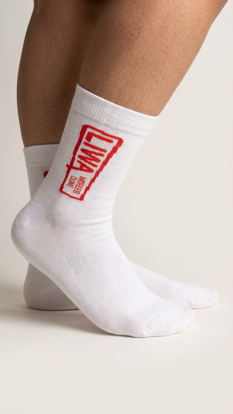 Liwa half crew socks by Socks Up, worn on feet, white with the red LIWA Moreeb Dune stamp