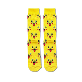 Pair of bright yellow socks with repeating Pikachu character faces.