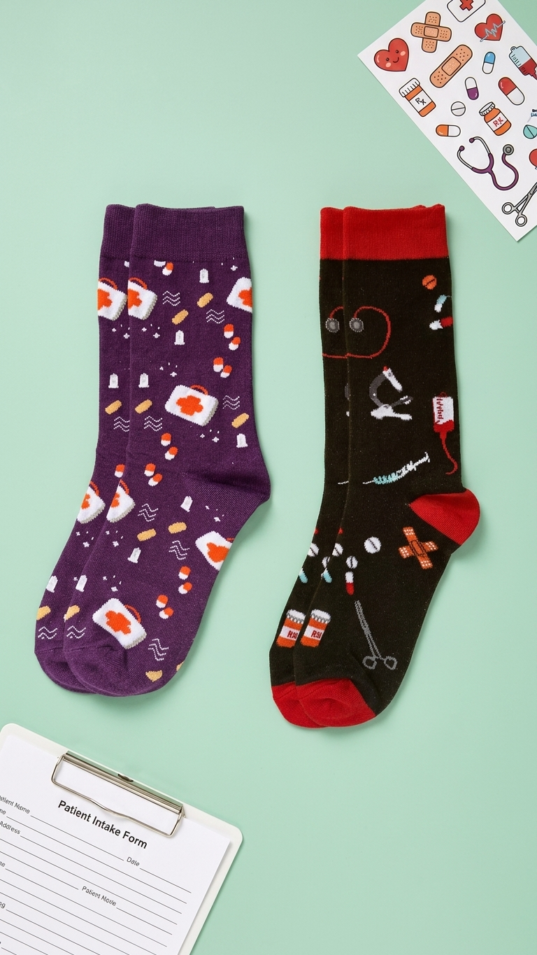 Two medical-themed socks on mint background: purple sock.