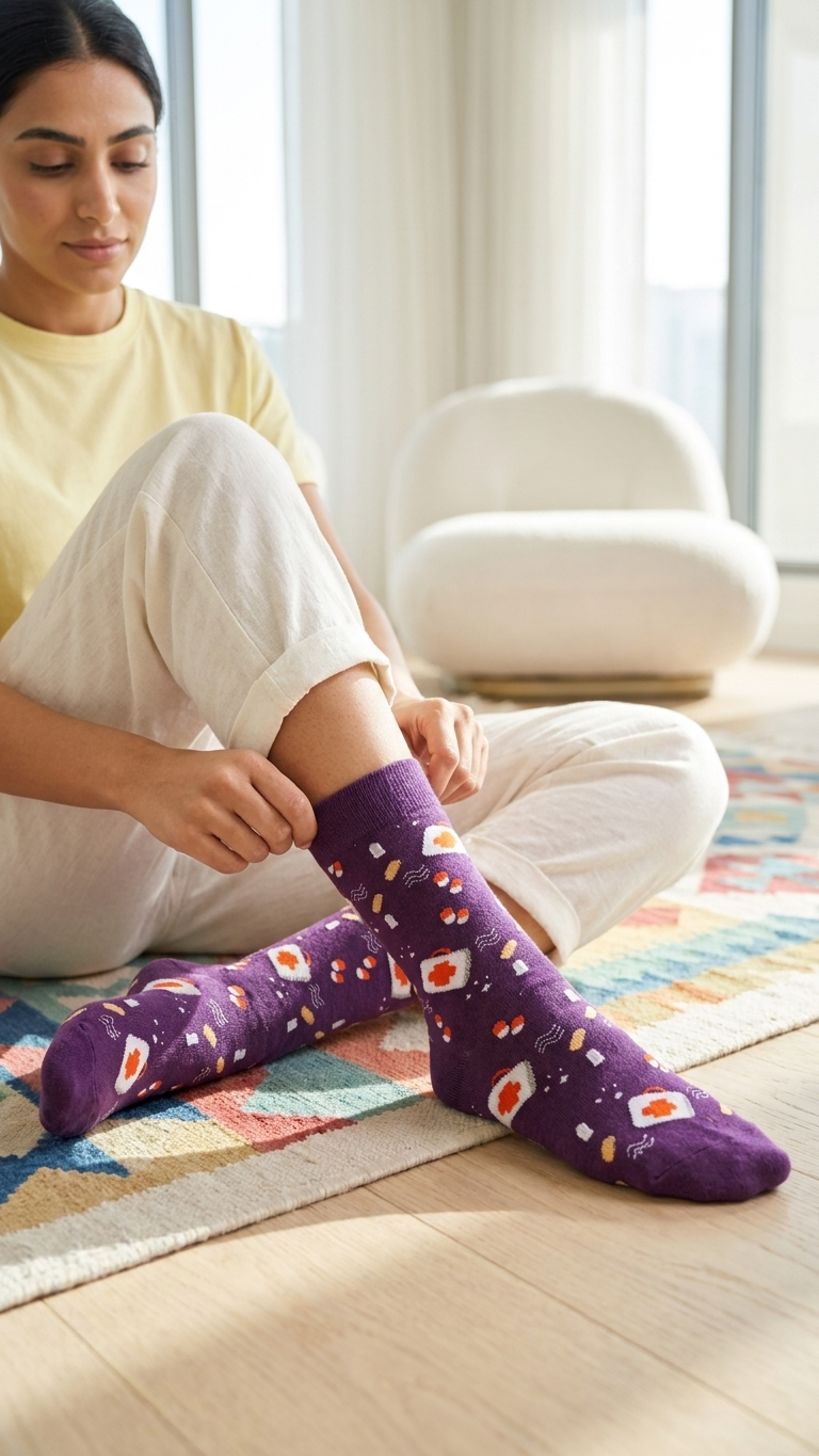 Woman wearing purple socks with food pattern design, sitting on colorful rug.