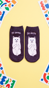 Dark purple socks featuring a white cat making double middle finger gesture.