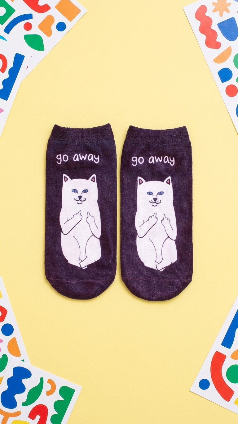 Dark purple socks featuring a white cat making double middle finger gesture.