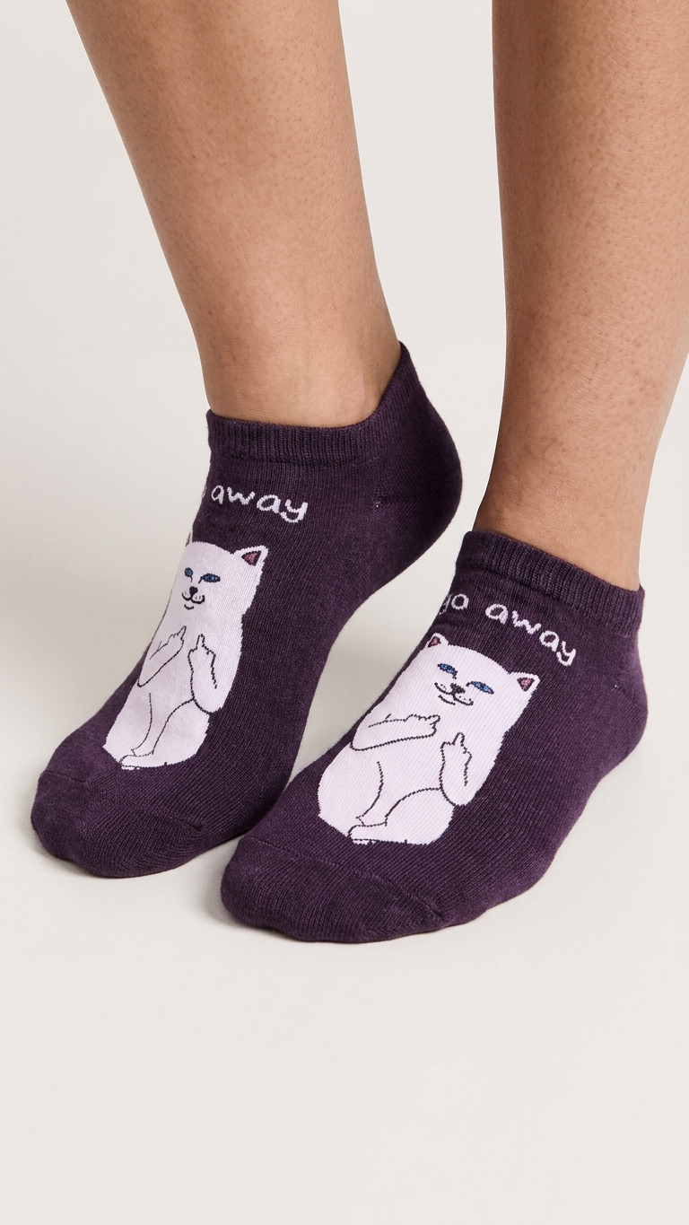 Purple ankle socks with white cat design and "go away" text.