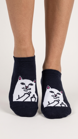 Navy ankle socks with white cat design giving middle finger gesture, pink.
