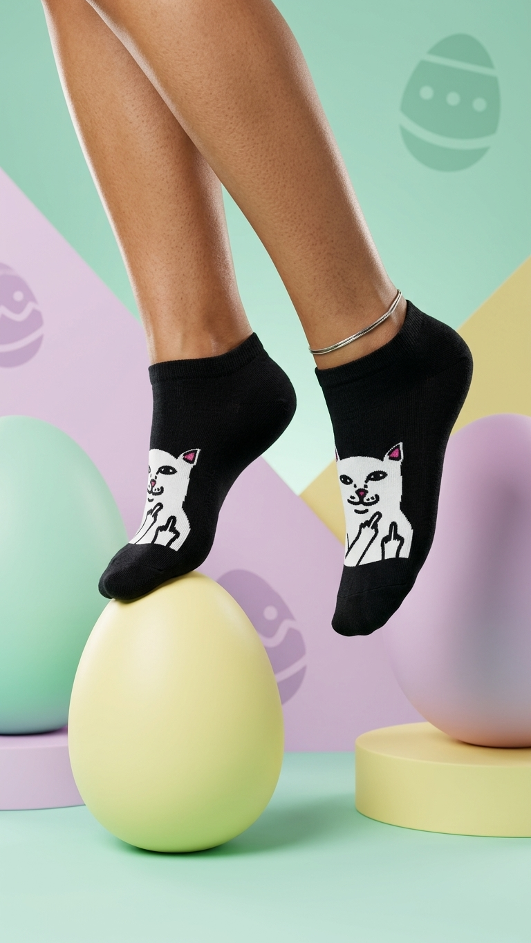 Black ankle socks with white cat design making middle finger gesture, pink.