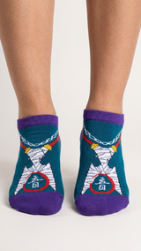 Demon Slayer ankle socks with teal base, purple cuff, white demon face.