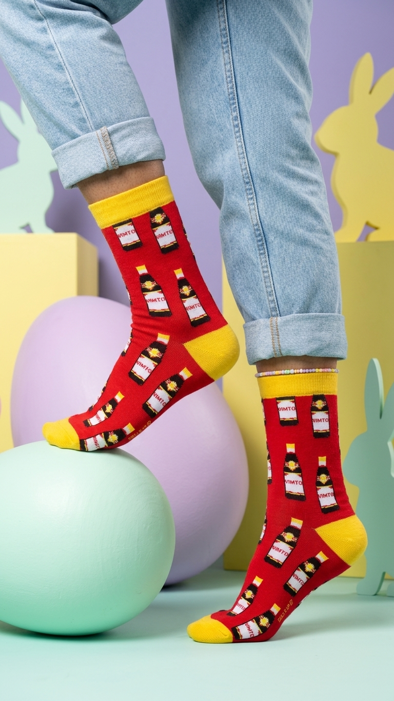 Person wearing red socks with yellow cuffs, featuring Vimto bottle pattern, styled.