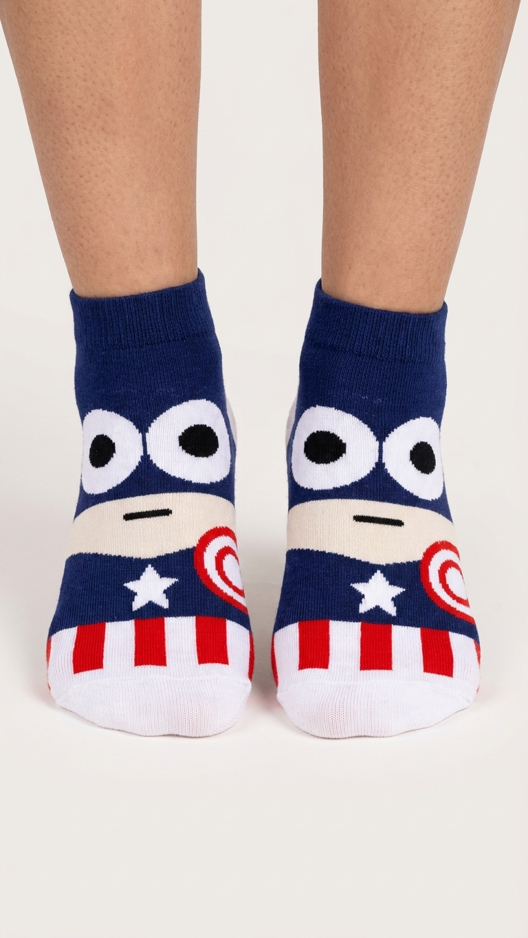 Captain America character socks with navy blue, red, white stripes, large eyes.