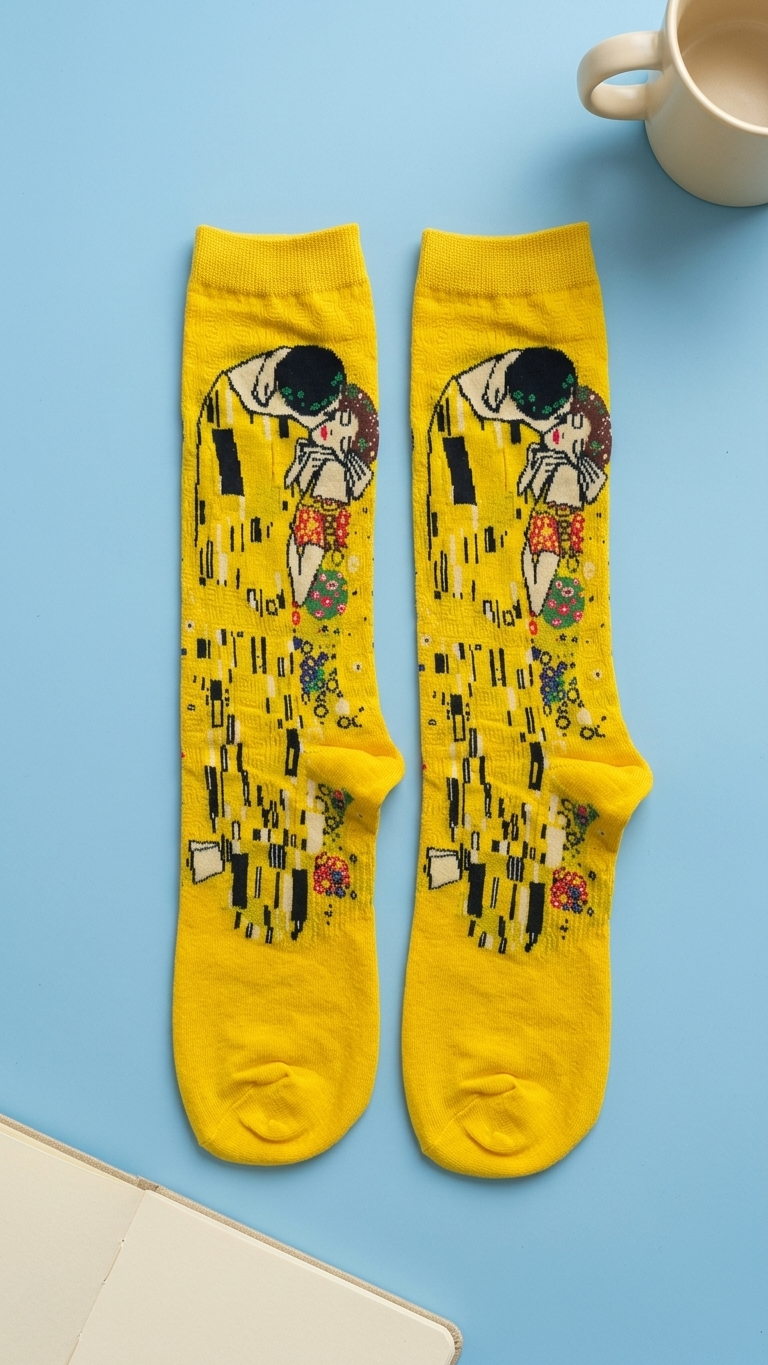 Pair of yellow socks featuring Klimt's "The Kiss" artwork design.