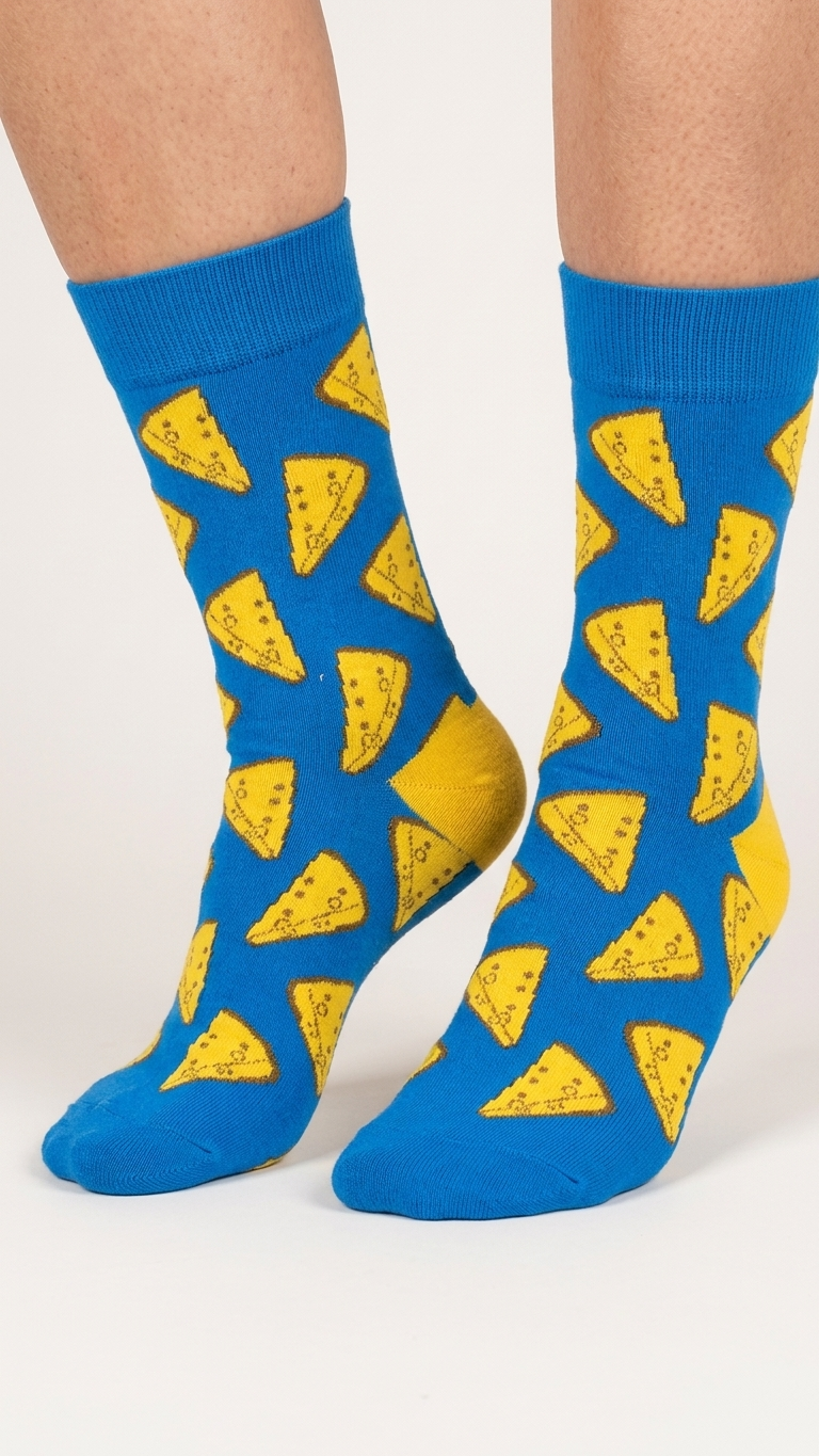 Pair of blue socks with yellow cheese wedge pattern and yellow heel.