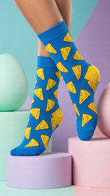 Blue crew socks with yellow cheese wedge pattern.