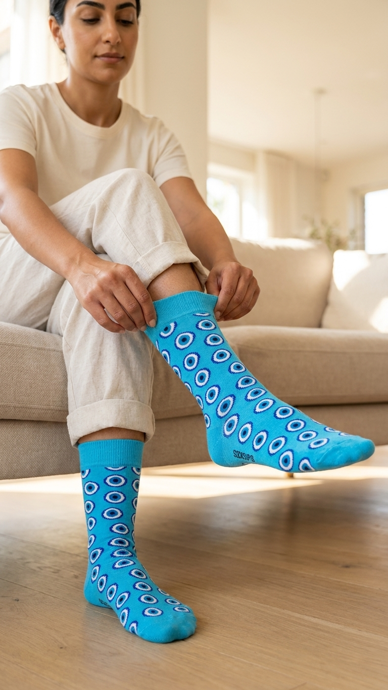 Woman wearing blue socks with white circular eye pattern.