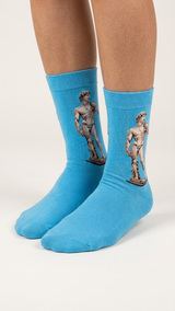 Blue crew socks with Michelangelo's David statue design printed on each sock.