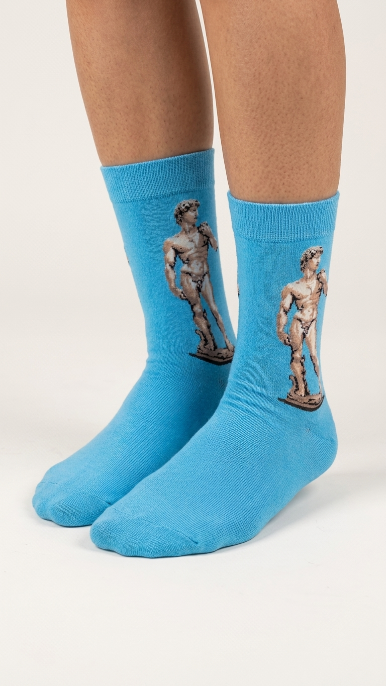 Blue crew socks with Michelangelo's David statue design printed on each sock.