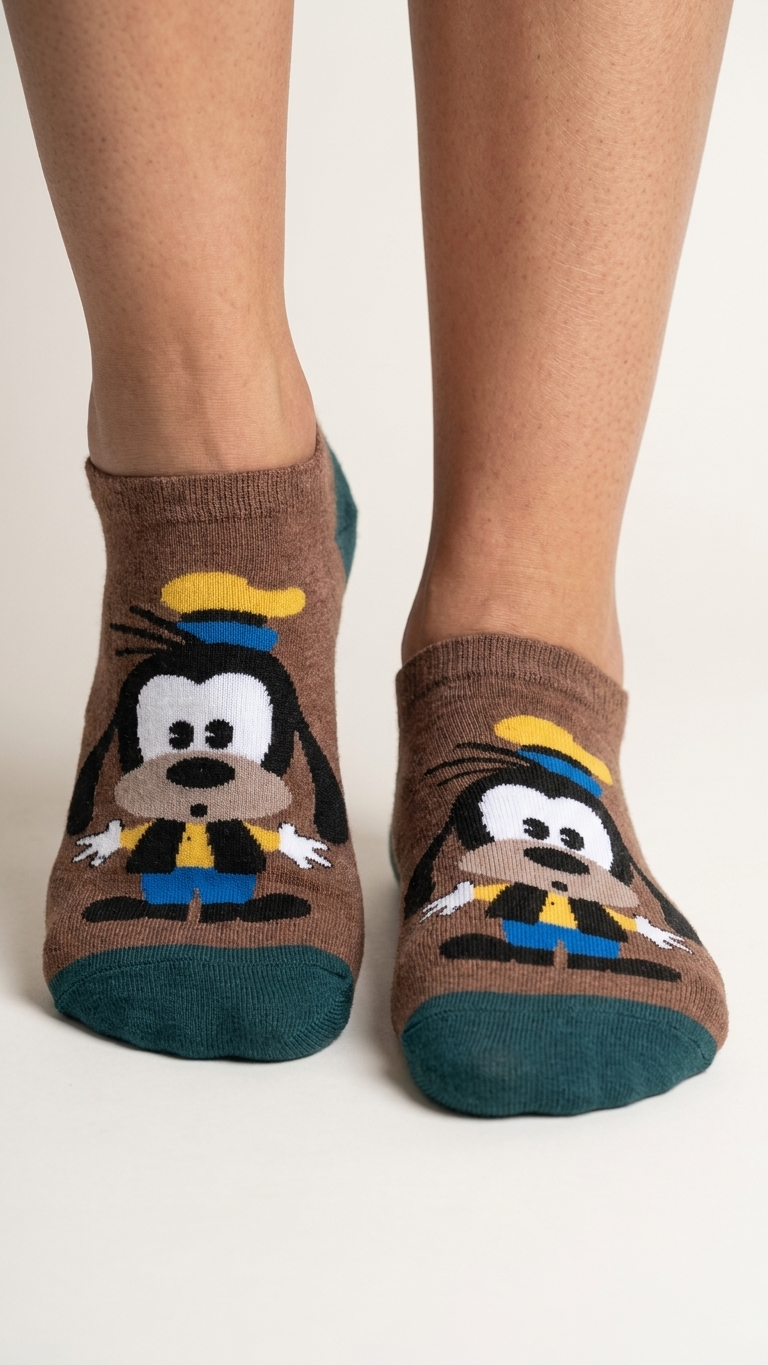 Brown ankle socks featuring Goofy character design with yellow hat, blue stripe.