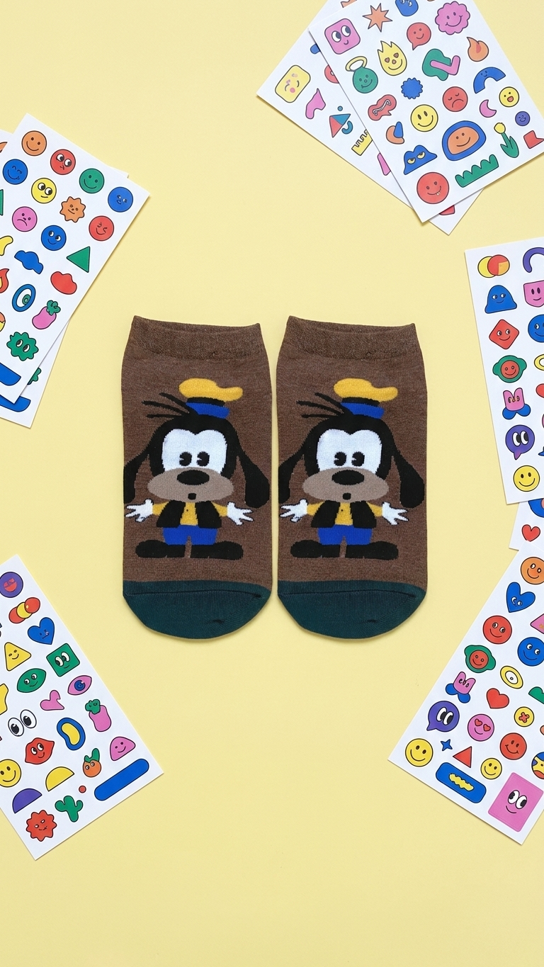 Pair of brown ankle socks featuring Goofy character design with yellow hat.