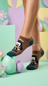Goofy Ankle Socks featuring brown base with teal heel and toe, yellow.