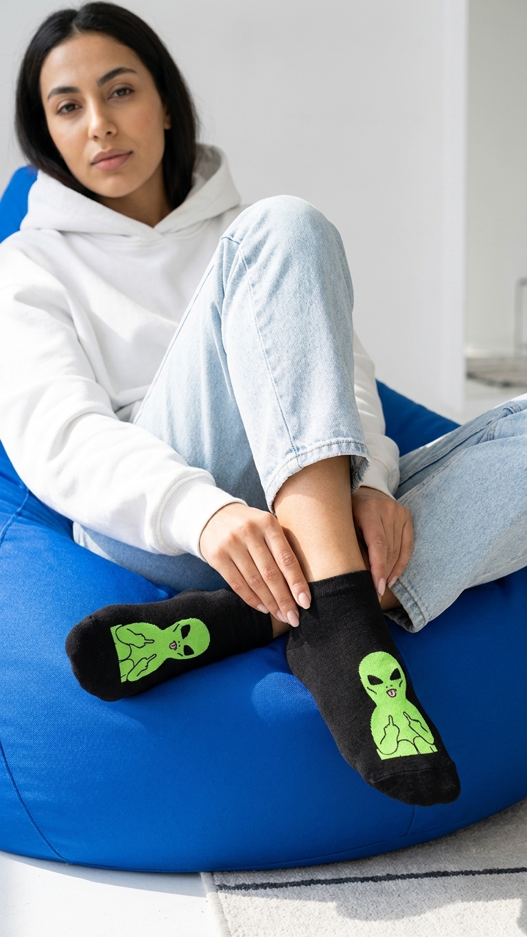 Woman wearing black socks with neon green alien designs, seated.