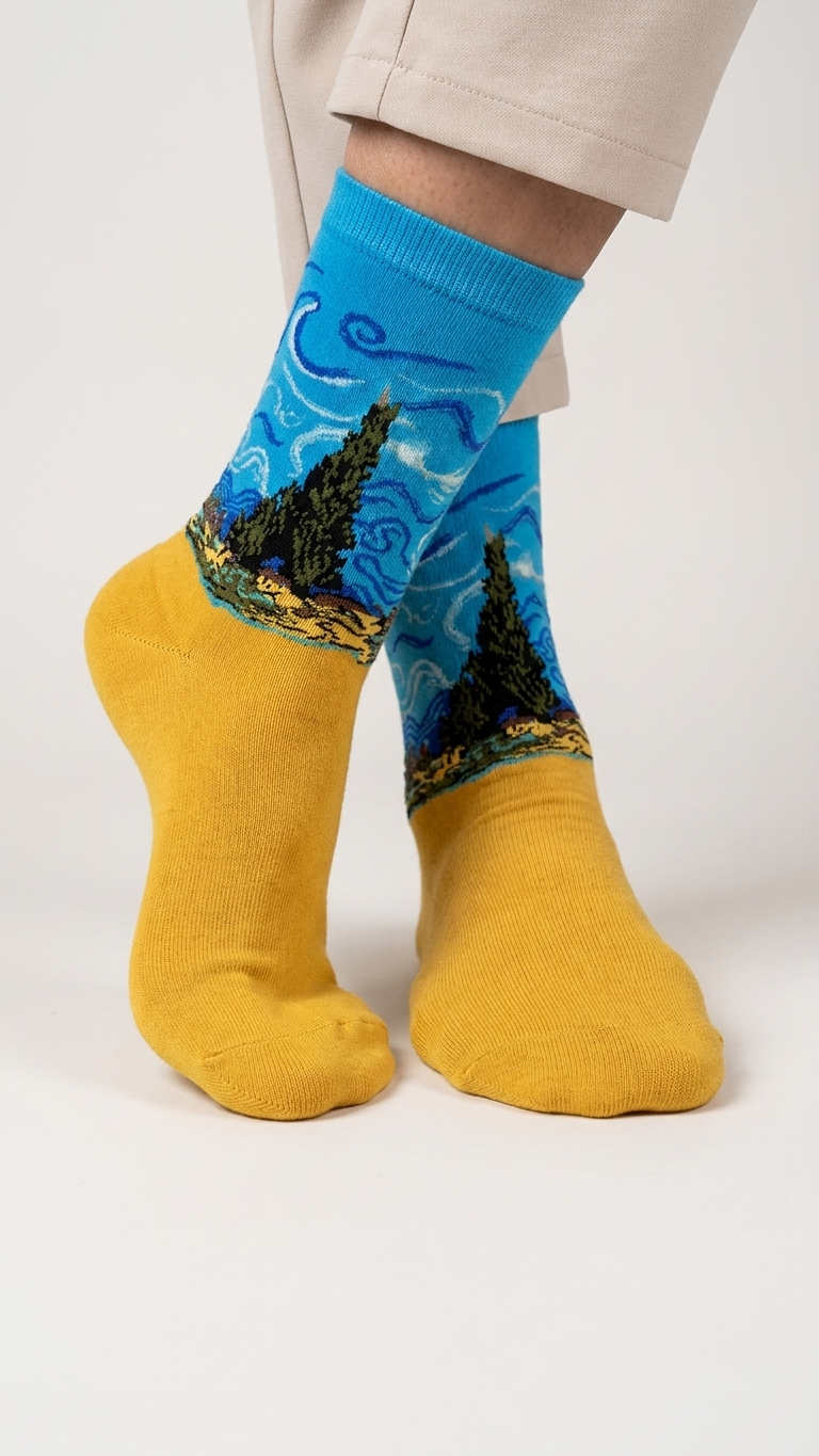 Person wearing yellow and blue crew socks featuring an artistic tree design.
