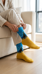 Person wearing blue and yellow socks with tree design, seated.