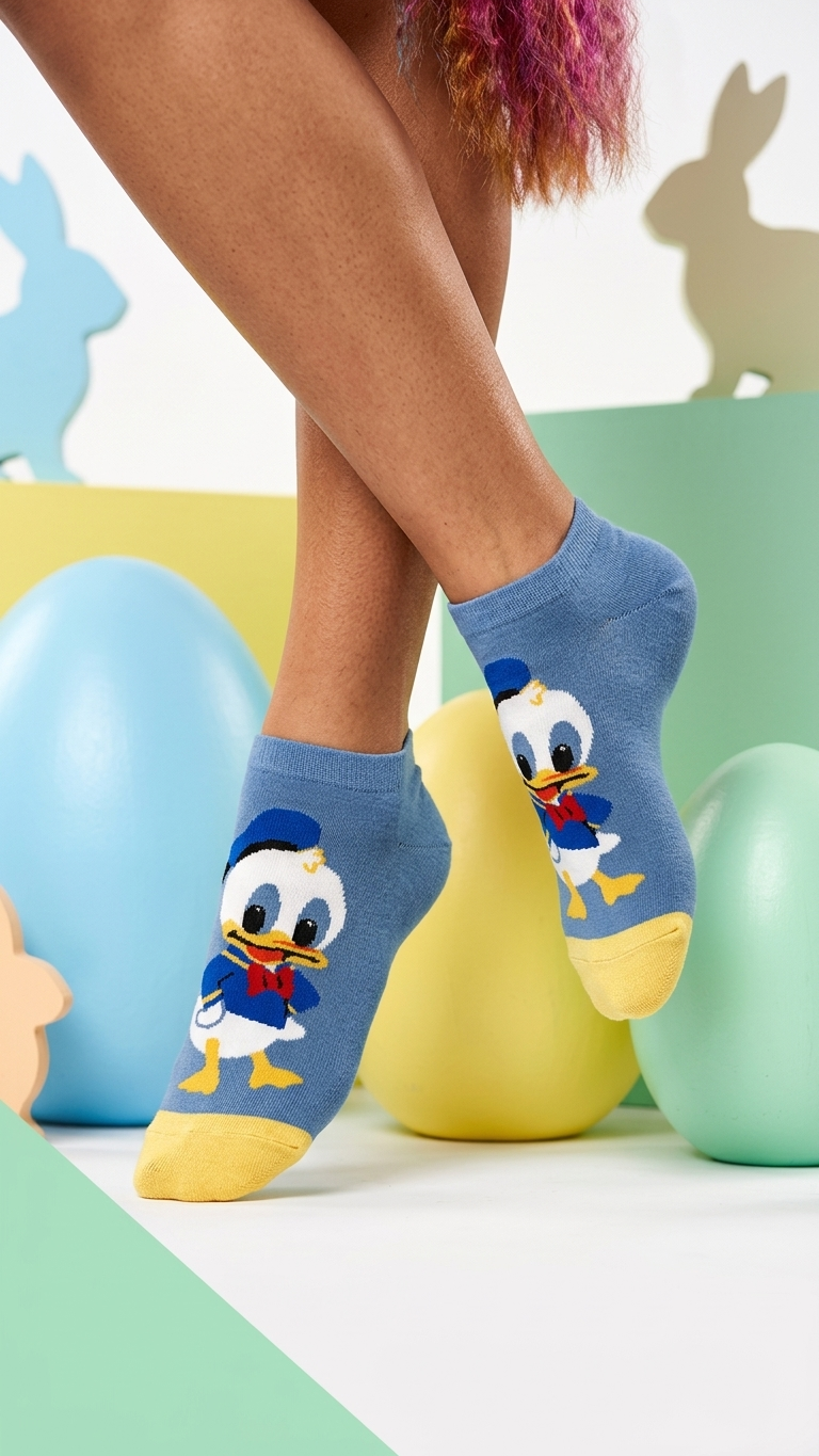 Blue ankle socks with Donald Duck design, yellow toe and heel, colorful pastel background with balloons and bunny silhou