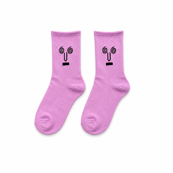 Purple Face patterned socks displayed on neutral background