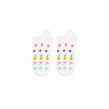 Colourful fruits pattern socks displayed on white background