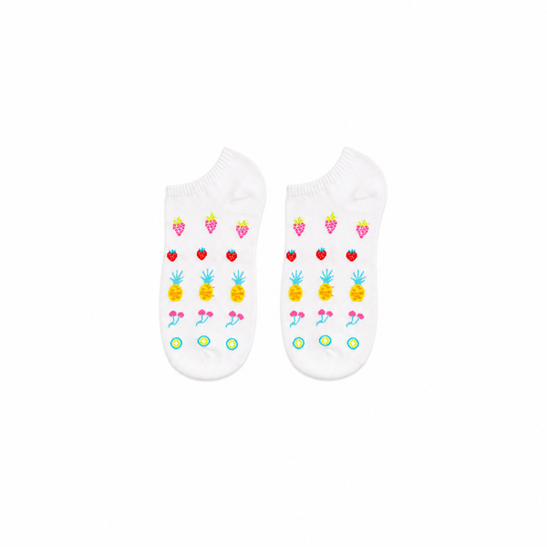 Colourful fruits pattern socks displayed on white background