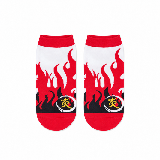 Demon Slayer Rengoku ankle socks with red flame print and flame crest by Socks Up UAE